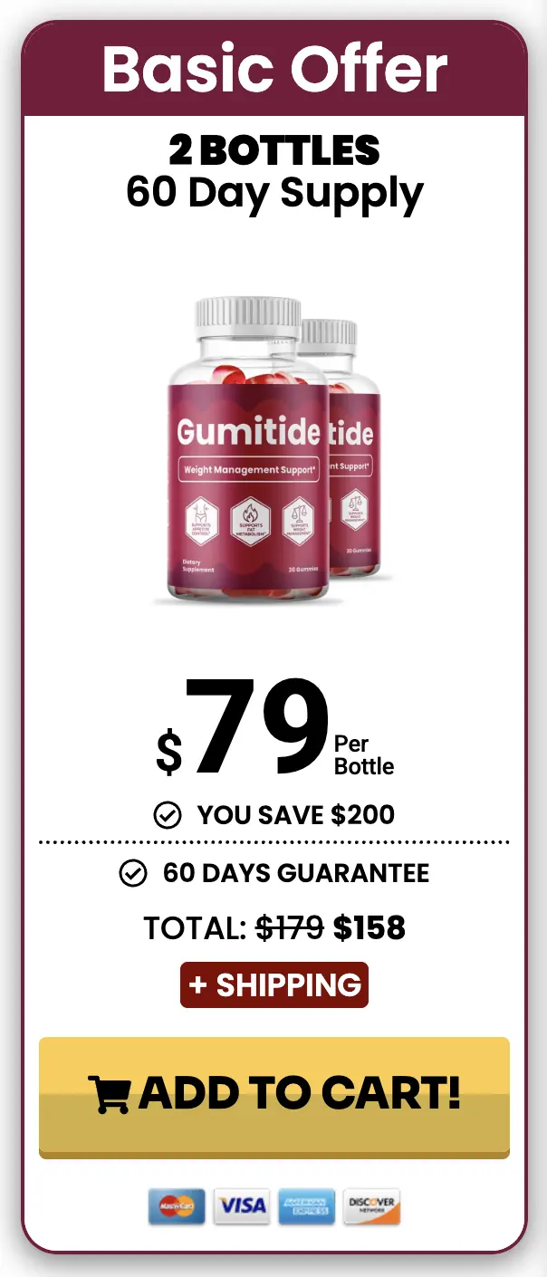 Gumitide 2 bottle package showing 60 day supply at 79 dollars per bottle, total 158 dollars plus shipping, with Add to Cart button