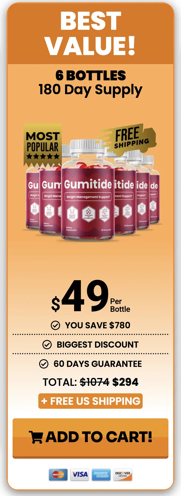 Gumitide 6 bottle package showing 180 day supply at 49 dollars per bottle, total 294 dollars with free shipping, with Add to Cart button