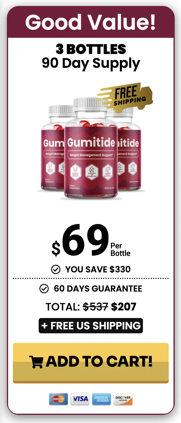 Gumitide 3 bottle package showing 90 day supply at 69 dollars per bottle, total 207 dollars plus shipping, with Add to Cart button