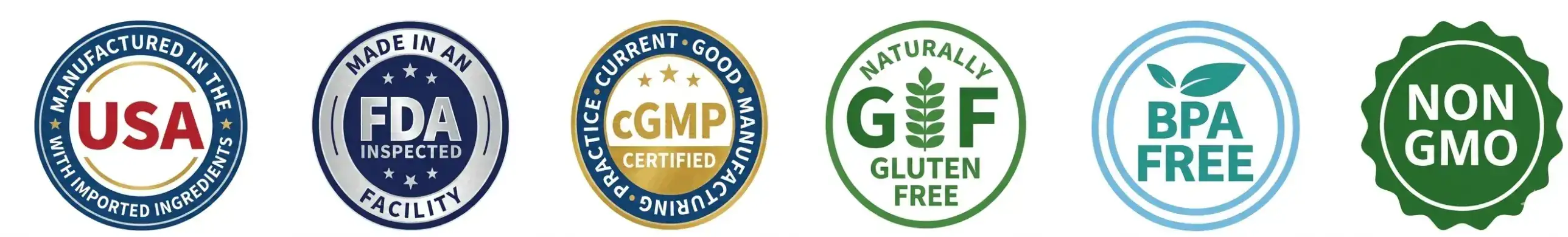 Gumitide USA made, FDA inspected, cGMP certified, gluten free, BPA free, non GMO badges